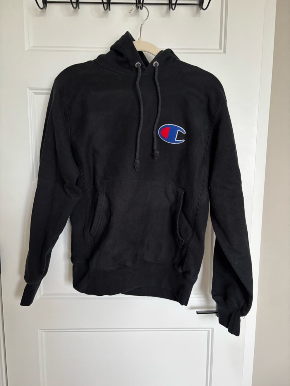Champion Black Crewneck Hoodie with Blue & Red Logo